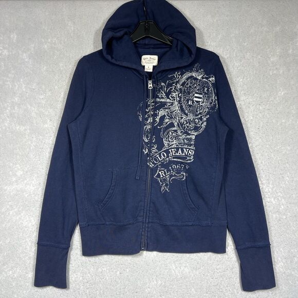 VTG Polo Jeans Ralph Lauren 1967 Zip Hoodie Sweatshirt Navy Large Y2K Graphic - Picture 1 of 13